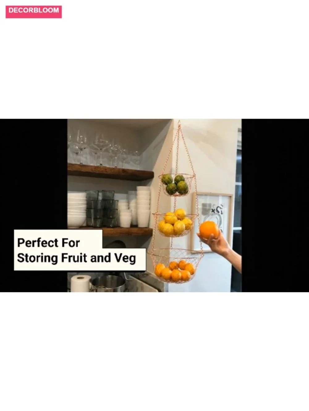 3-Tier Kitchen Hanging Fruit Basket, Gold Finish, Iron Wire, 32-Inch